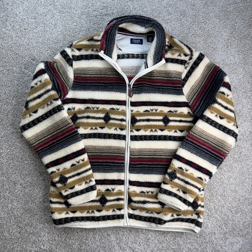 Chaps Aztec Jacket Mens Medium Brown Fleece Full Zip Southwestern Striped Lined